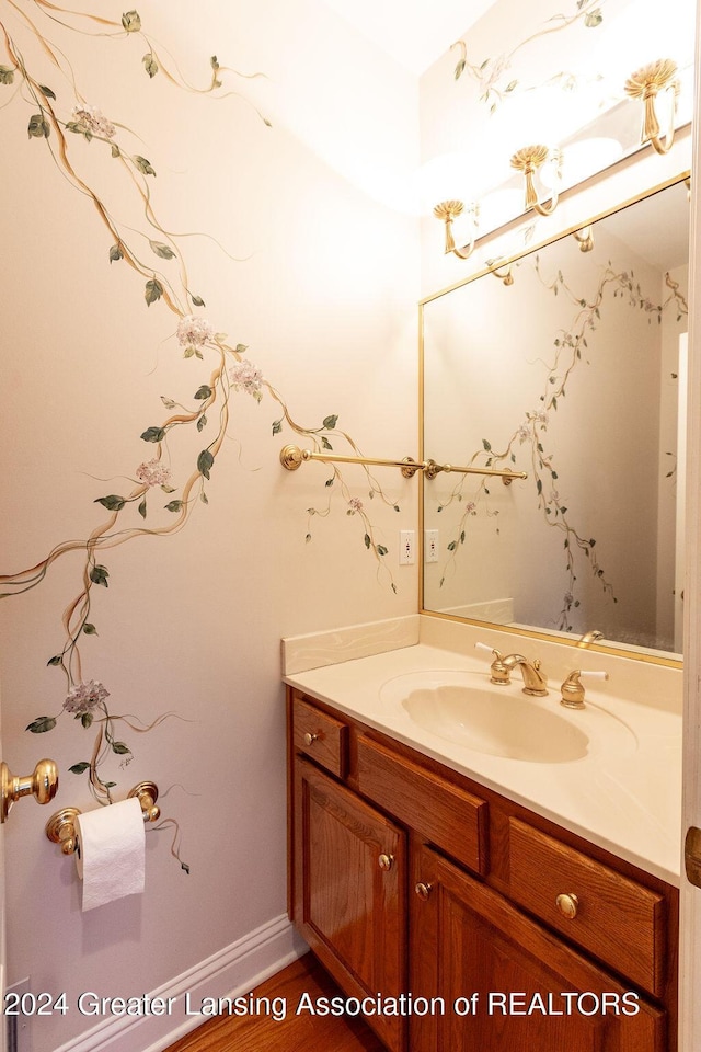 bathroom with hardwood / wood-style floors and vanity