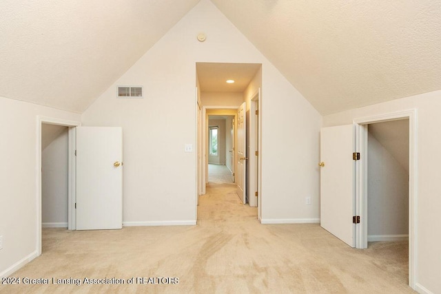 additional living space with a textured ceiling, light carpet, and vaulted ceiling