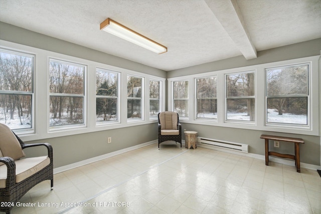 sunroom with beamed ceiling, baseboard heating, and a wealth of natural light