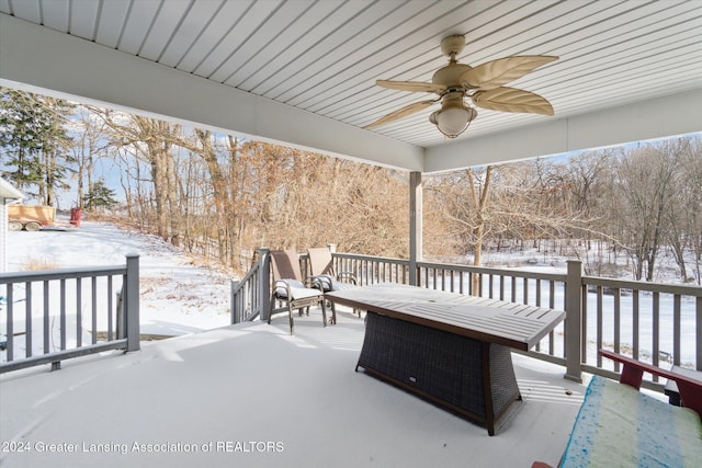 snow covered deck featuring ceiling fan