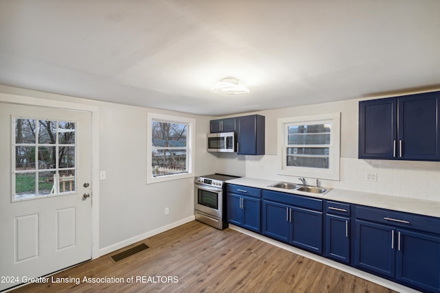 kitchen with decorative backsplash, stainless steel appliances, blue cabinets, sink, and hardwood / wood-style floors