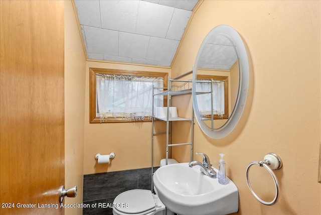 bathroom with vaulted ceiling, toilet, and sink