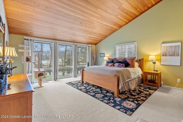 carpeted bedroom featuring access to exterior, wooden ceiling, and lofted ceiling