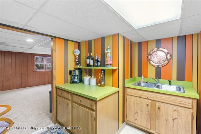 kitchen featuring a paneled ceiling, light colored carpet, and sink