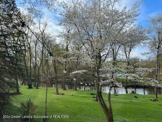 surrounding community featuring a lawn and a water view