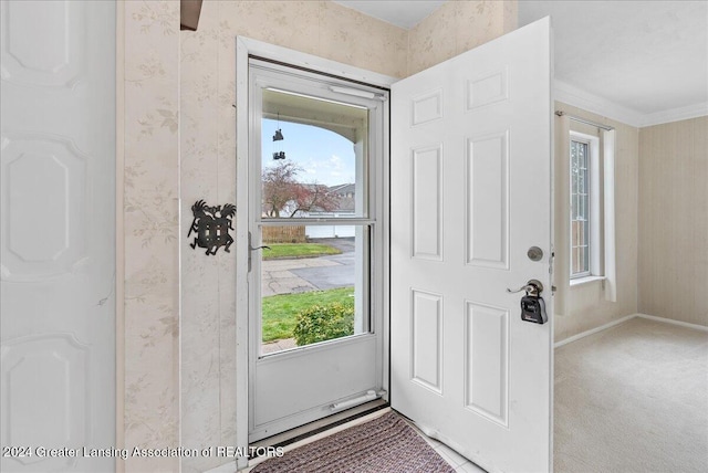 carpeted entryway with a healthy amount of sunlight and ornamental molding