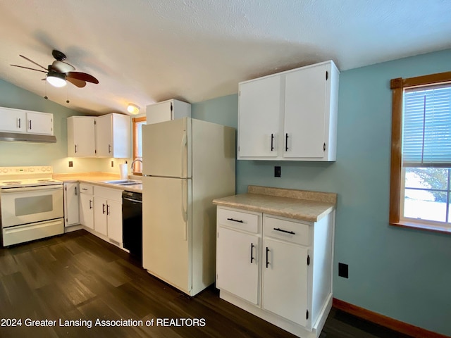 kitchen featuring white cabinetry, dark hardwood / wood-style flooring, white appliances, and sink