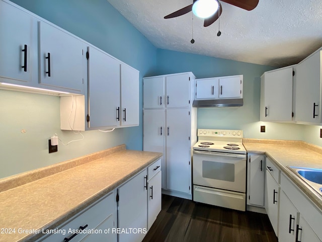 kitchen with white cabinets, dark wood-type flooring, a textured ceiling, and white electric stove