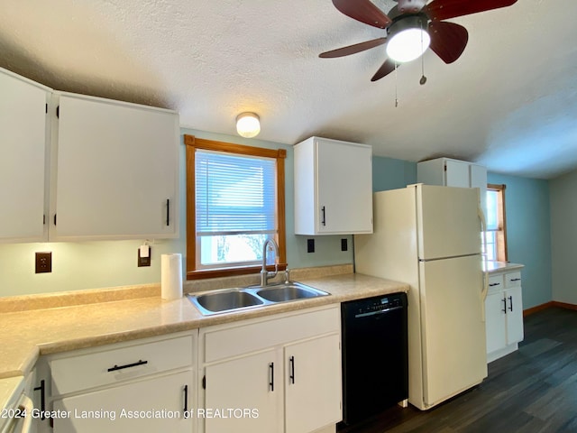 kitchen with white cabinetry, sink, black dishwasher, dark hardwood / wood-style flooring, and a textured ceiling