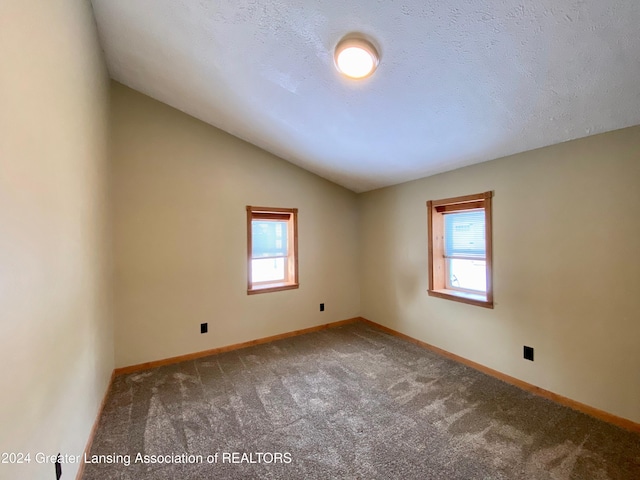 carpeted spare room with a textured ceiling and lofted ceiling