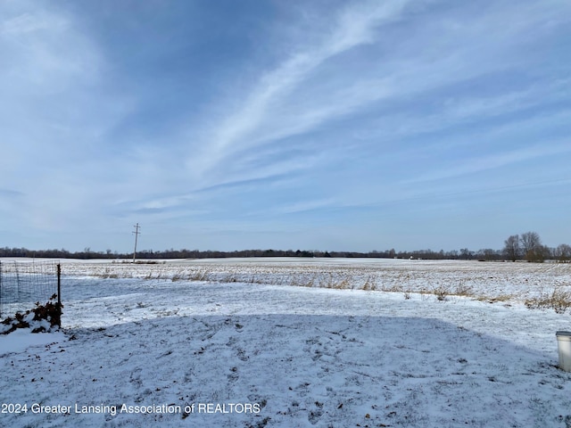 yard layered in snow with a rural view