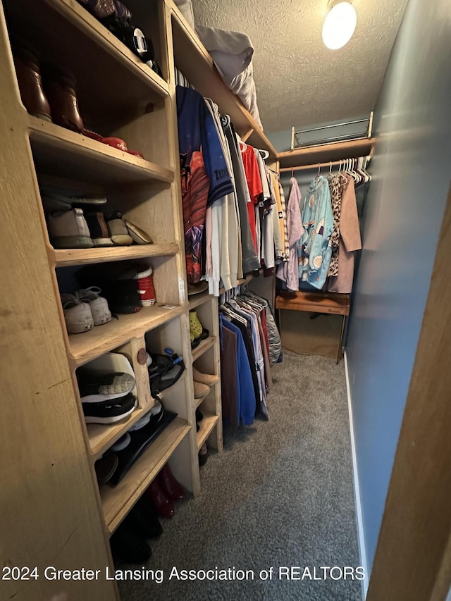 walk in closet featuring dark colored carpet