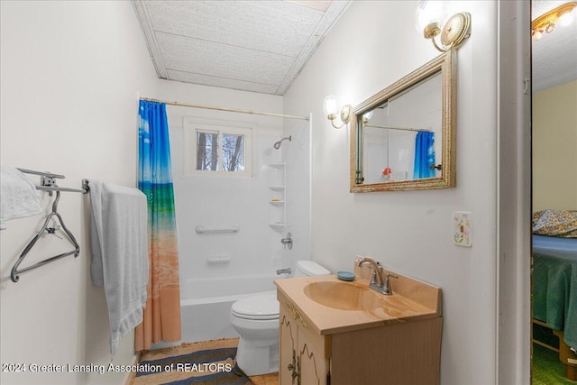 full bathroom featuring vanity, toilet, and shower / bathtub combination with curtain