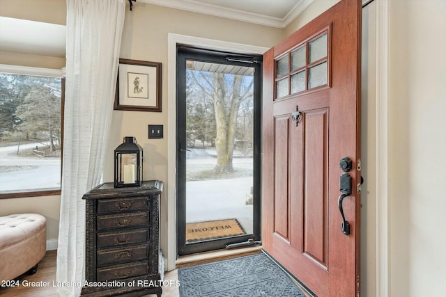 doorway to outside with plenty of natural light and crown molding