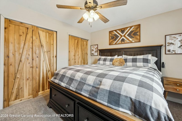 bedroom featuring carpet, ceiling fan, and a closet