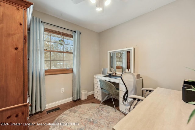 office featuring ceiling fan and hardwood / wood-style flooring