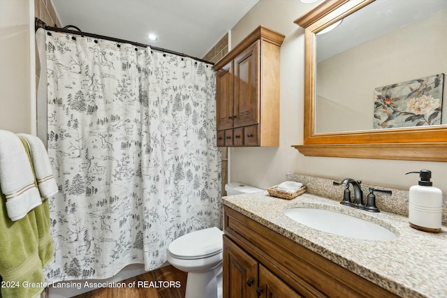 bathroom featuring vanity, hardwood / wood-style flooring, and toilet