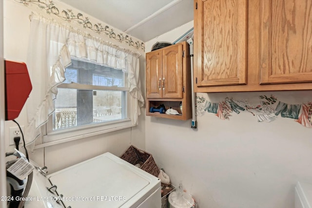 clothes washing area featuring cabinets and washer / dryer