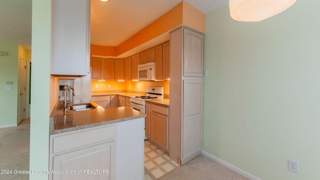 kitchen with light brown cabinetry, light carpet, sink, and white appliances