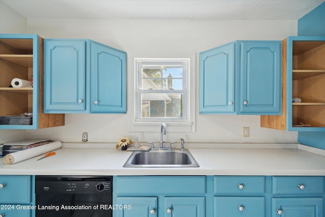 kitchen with dishwasher, blue cabinetry, and sink