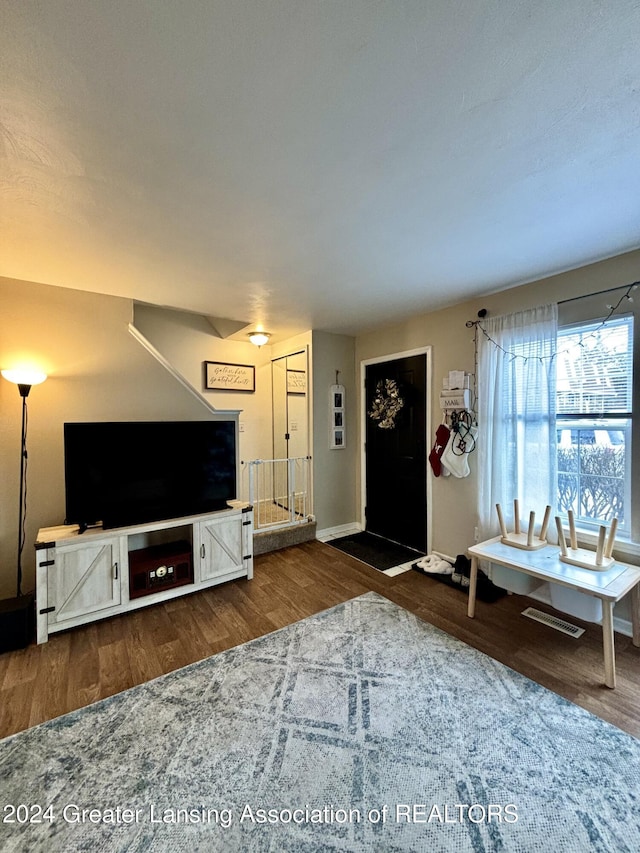 living room with dark hardwood / wood-style floors