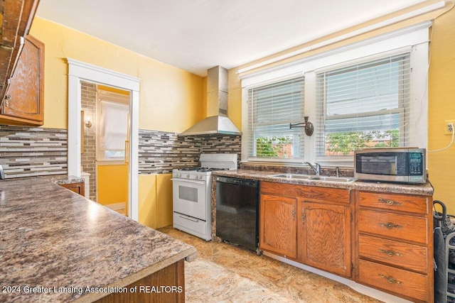 kitchen with white gas range, dishwasher, sink, wall chimney range hood, and decorative backsplash