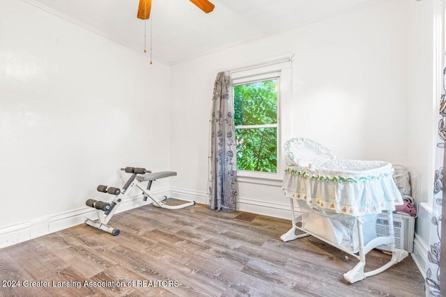 interior space with crown molding, ceiling fan, and wood-type flooring