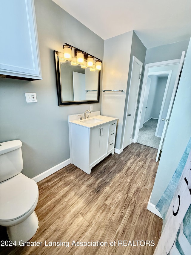 bathroom with toilet, vanity, and hardwood / wood-style flooring