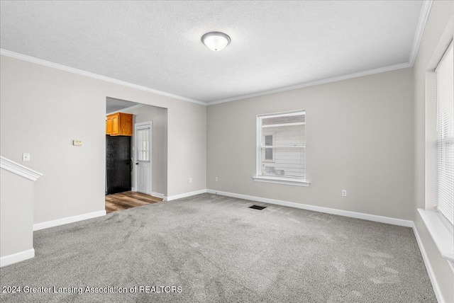 empty room featuring light carpet, a textured ceiling, and crown molding