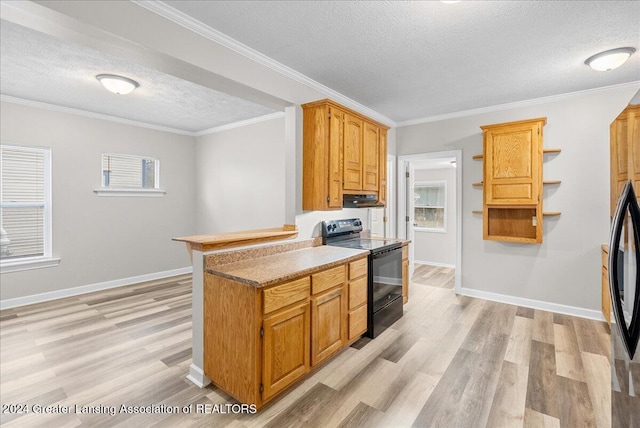 kitchen with black electric range, a textured ceiling, light hardwood / wood-style flooring, and crown molding