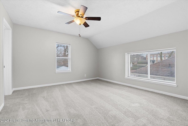 additional living space with carpet floors, a healthy amount of sunlight, and lofted ceiling