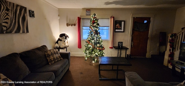 carpeted living room featuring crown molding