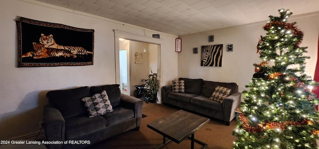 carpeted living room with crown molding