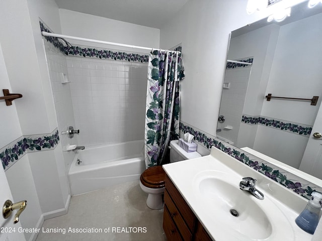 full bathroom with toilet, vanity, tile patterned floors, and shower / bathtub combination with curtain