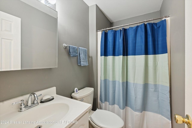 bathroom featuring vanity, toilet, and walk in shower