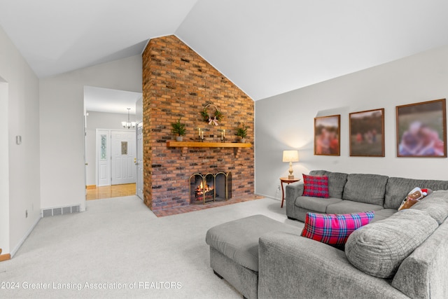 carpeted living room featuring vaulted ceiling and a brick fireplace