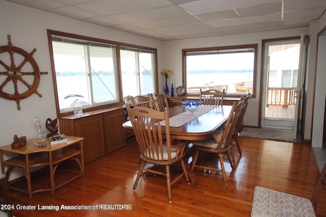 dining area with a paneled ceiling and hardwood / wood-style flooring