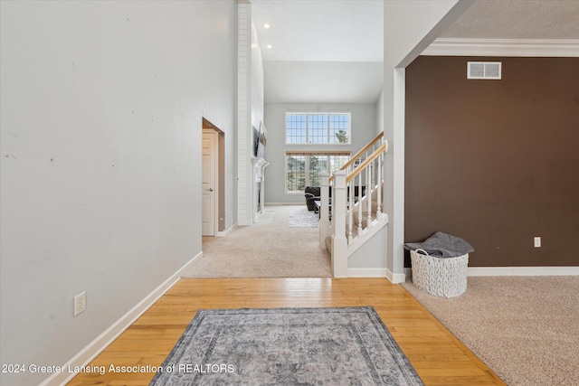 entrance foyer with hardwood / wood-style floors, a towering ceiling, and ornamental molding