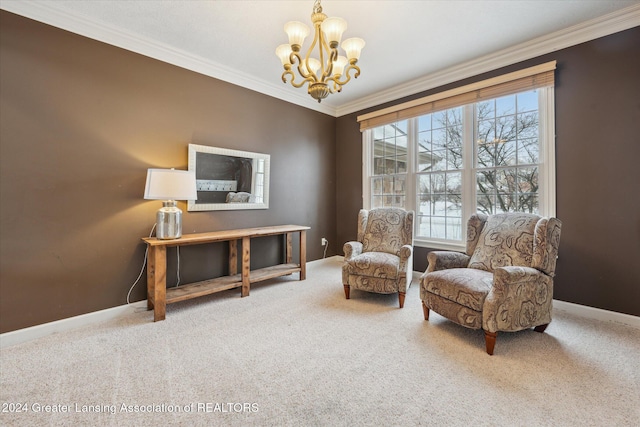 living area featuring carpet floors, ornamental molding, and a chandelier