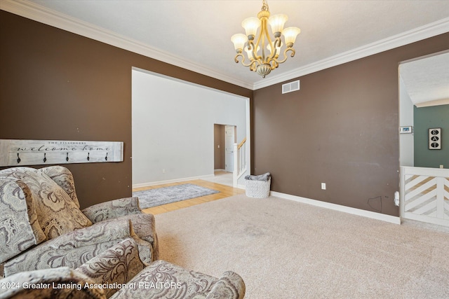 sitting room with light carpet, crown molding, and a notable chandelier