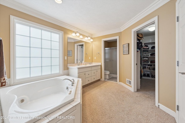 bathroom featuring vanity, a bathtub, toilet, and ornamental molding