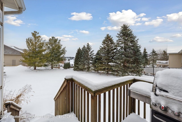 snow covered deck with area for grilling