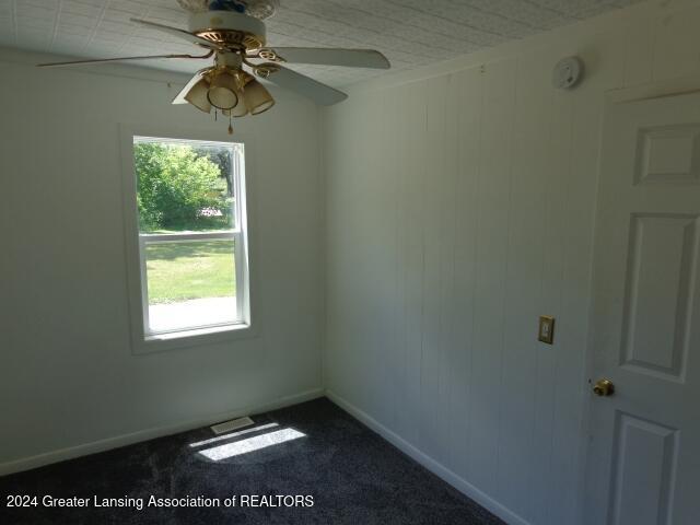 unfurnished room with carpet, ceiling fan, and a healthy amount of sunlight