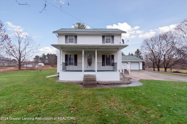 view of front facade featuring a porch, a front lawn, an outdoor structure, and a garage