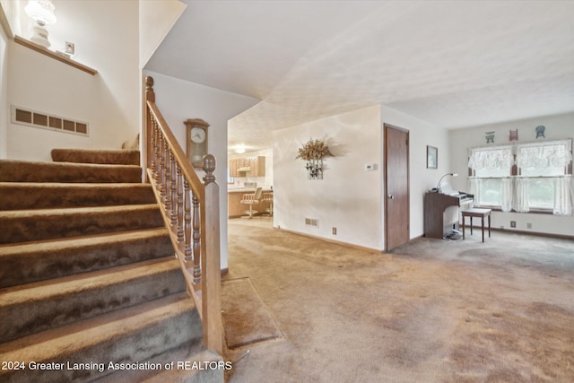 stairway with carpet flooring