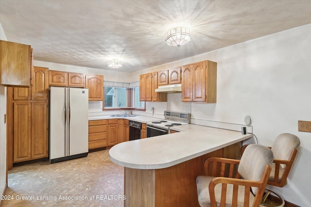 kitchen with dishwasher, electric range oven, kitchen peninsula, white fridge, and a kitchen bar