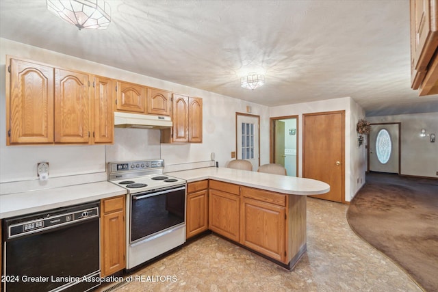 kitchen featuring white electric range oven, black dishwasher, and kitchen peninsula