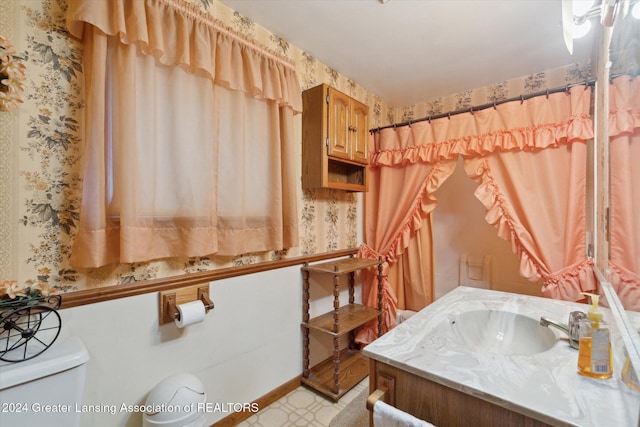 bathroom featuring vanity, toilet, and curtained shower