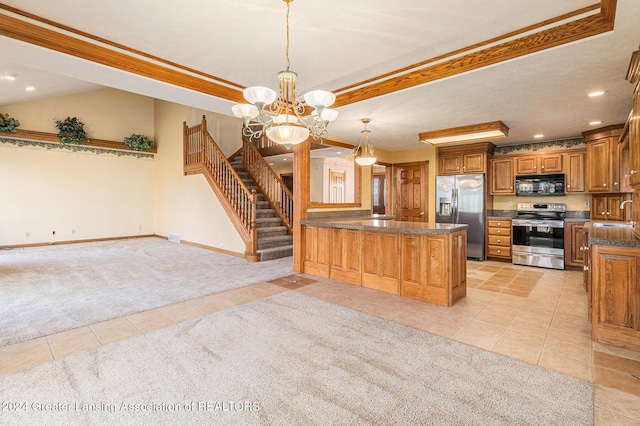 kitchen featuring sink, hanging light fixtures, light colored carpet, kitchen peninsula, and stainless steel appliances