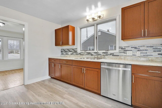 kitchen with decorative backsplash, light hardwood / wood-style floors, stainless steel dishwasher, and sink